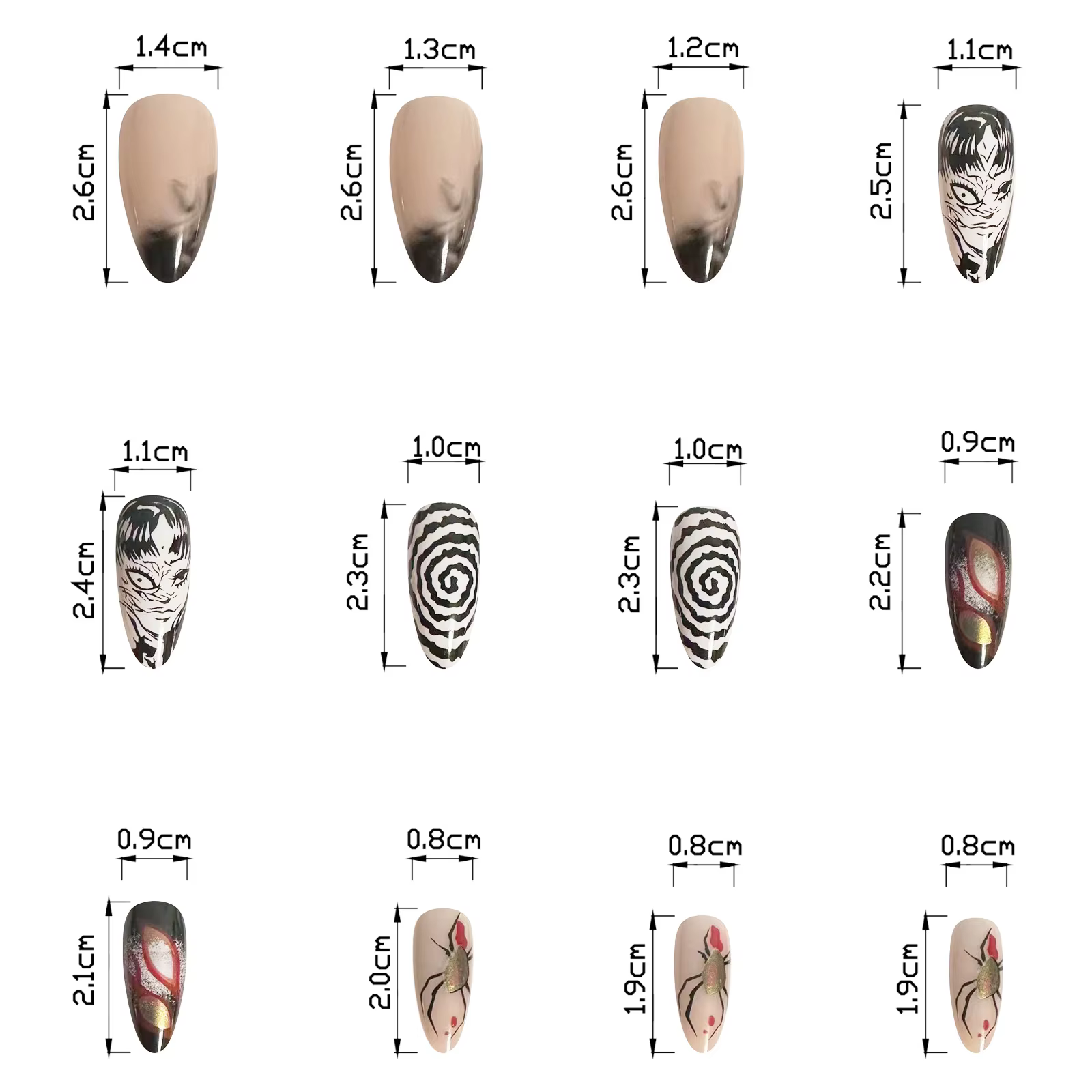 24 pièces/ensemble amande pointue Kawakami Tomie presse sur ongles portable artificiel avancé bande dessinée japonaise