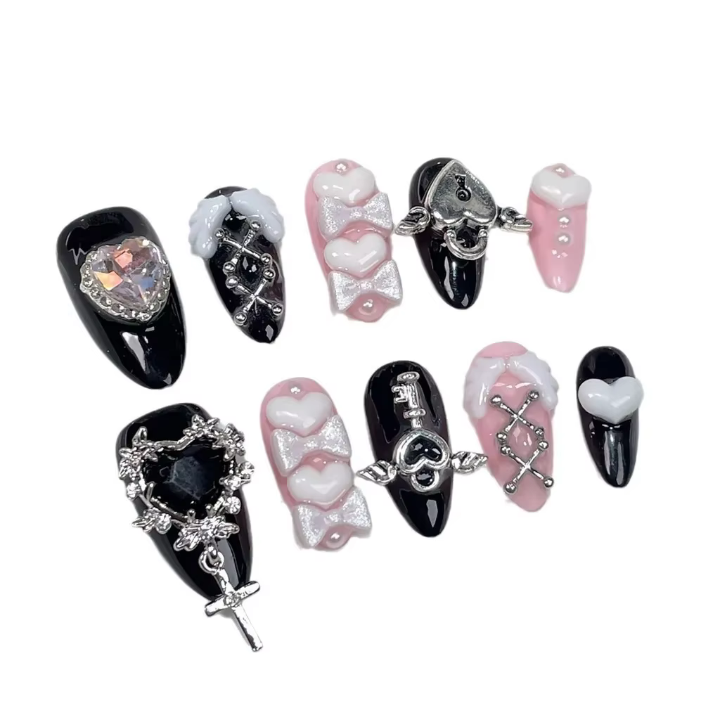 Y2k Spice Girl Fait À La Main Portable Ongles Noir Rose Doux Cool Nail Art Arc Amour Diamant Amande Faux