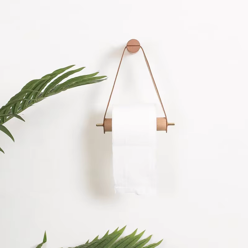 Porte-rouleau de papier toilette Vintage en bois et cuir, support de rangement pour salle de bain, distributeur de serviettes et de mouchoirs, accessoires de salle de bains muraux