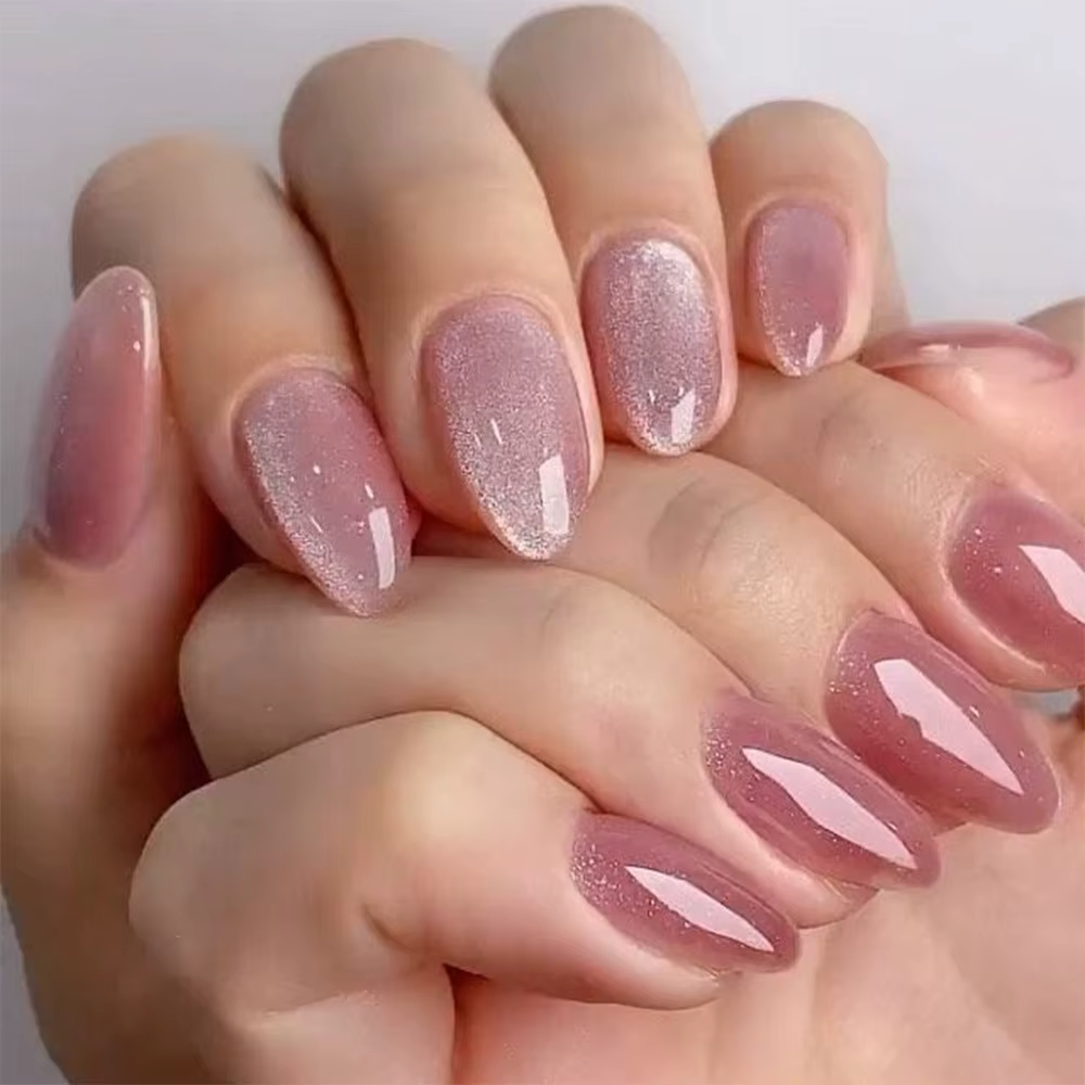24 faux ongles roses en amande à presser, simples, prêts à poser, pour femme