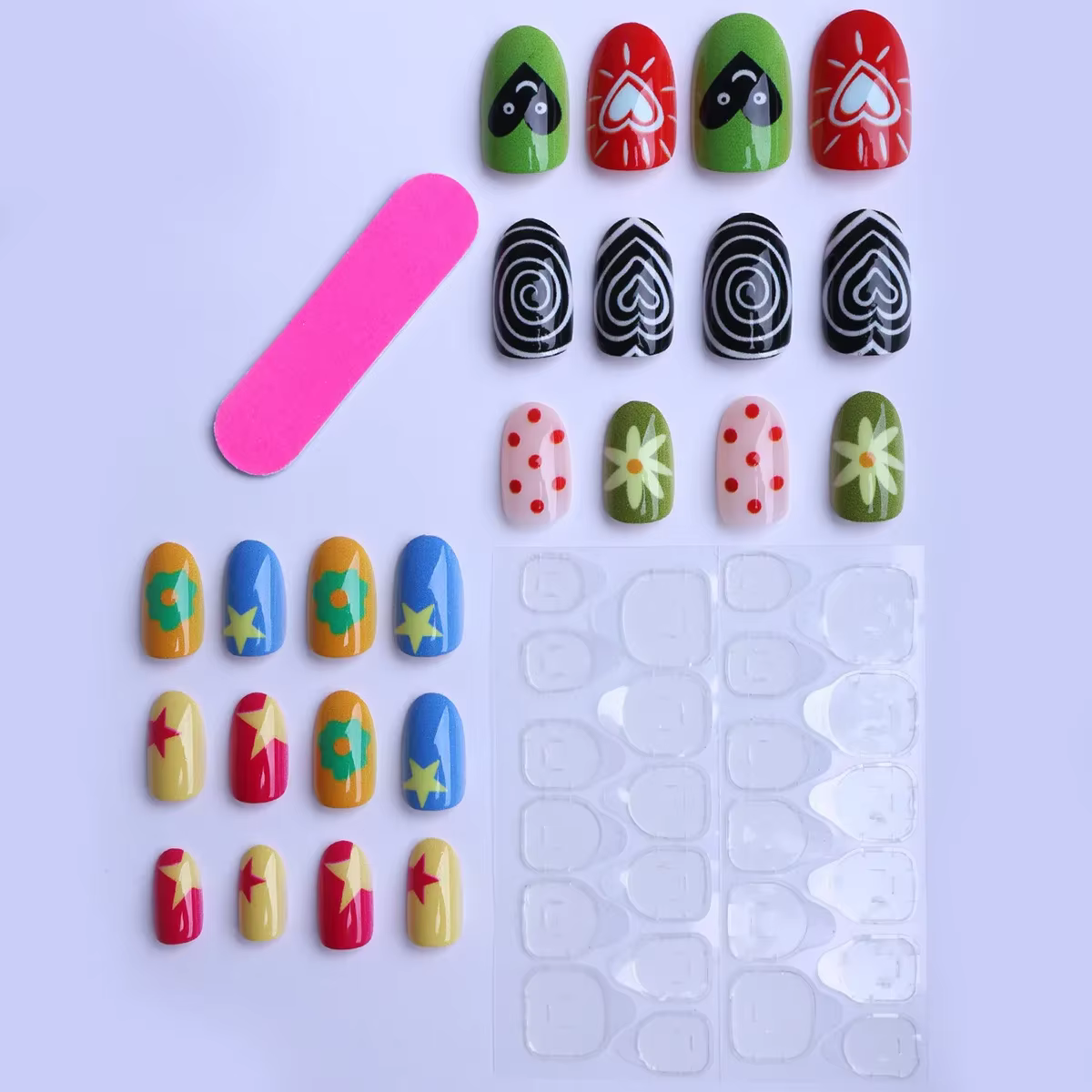 24 pièces faux ongles colorés doux Cool Dopamine presse sur Ins ongles court ovale tourbillon amour étoile à pois modèles faux ongles conseils