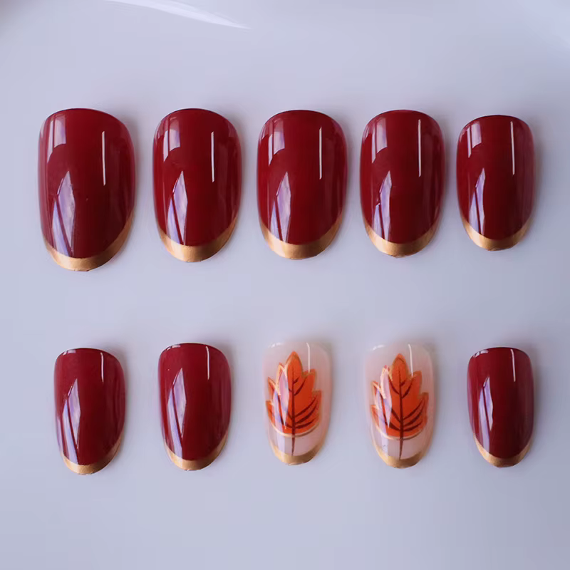 24 pièces de nouveaux ongles artificiels rouge bordeaux - style feuille d'érable automne-hiver