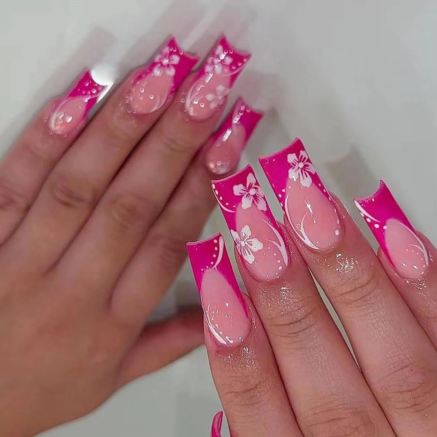 Faux ongles rectangulaires pressés à bords français Rose-Rose