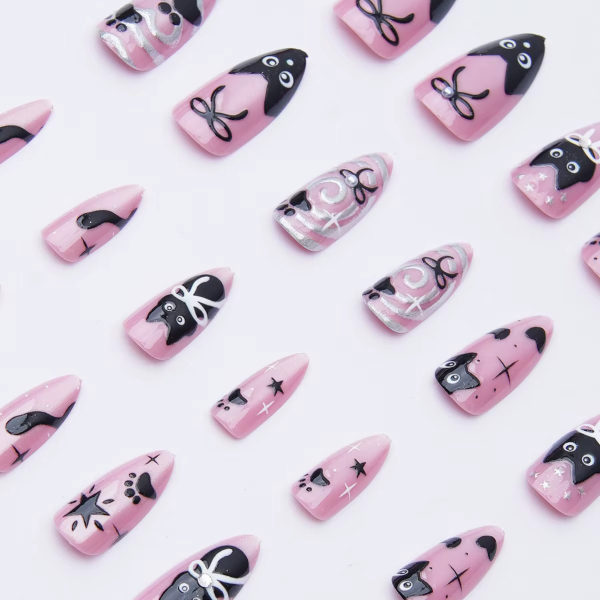 24 pièces doux Cool rose oeil de chat presse sur ongles