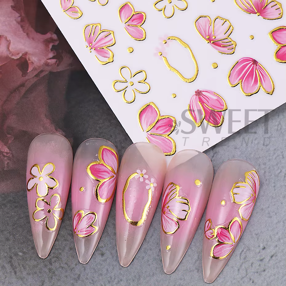 Autocollants pour ongles fleur d'hibiscus rose doré