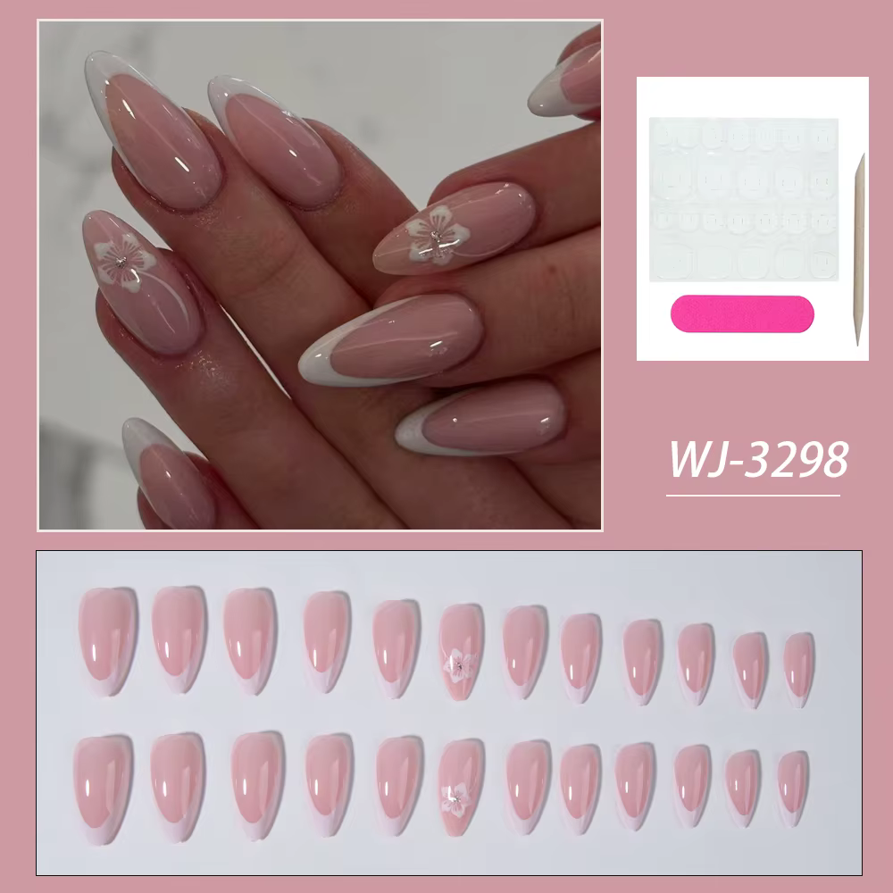 Transformez vos ongles avec, 24 pièces de fleurs blanches, ongles à pression en amande française, adaptés parfaitement et au design de longueur moyenne, faux na en acrylique
