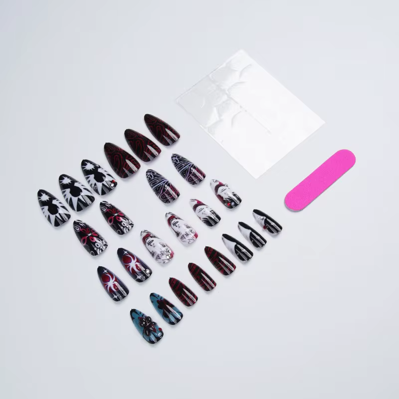24 faux ongles amande style gothique et bande dessinée avec colle