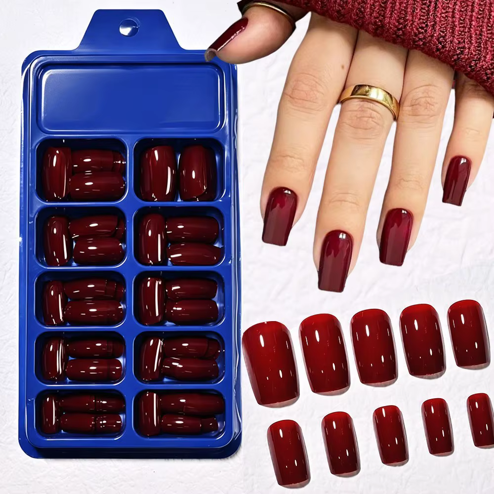 120 faux ongles carrés brillants rouge rose