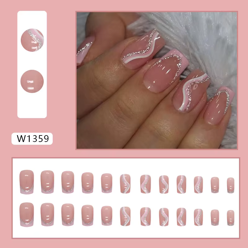Rayures blanches 24 pièces presse sur ongles rose dégradé faux