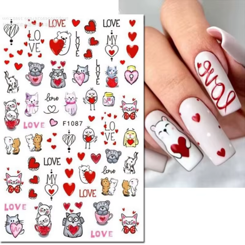 3d Nail Art décalcomanies saint valentin coeurs rouges ballons chats mignons amour lettres autocollants pour ongles Art manucure conseils décorations
