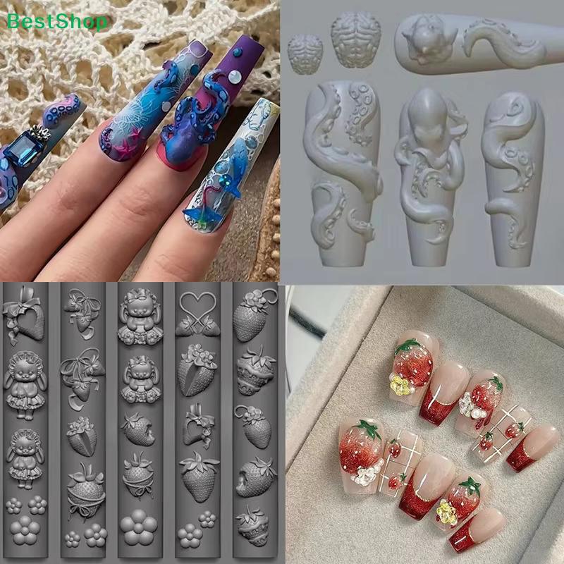 〔R〕Moules en silicone 3D pour nail art - Moules en forme de pieuvre/fraise/poupée pour la création de motifs en résine/vernis gel pour manucure
