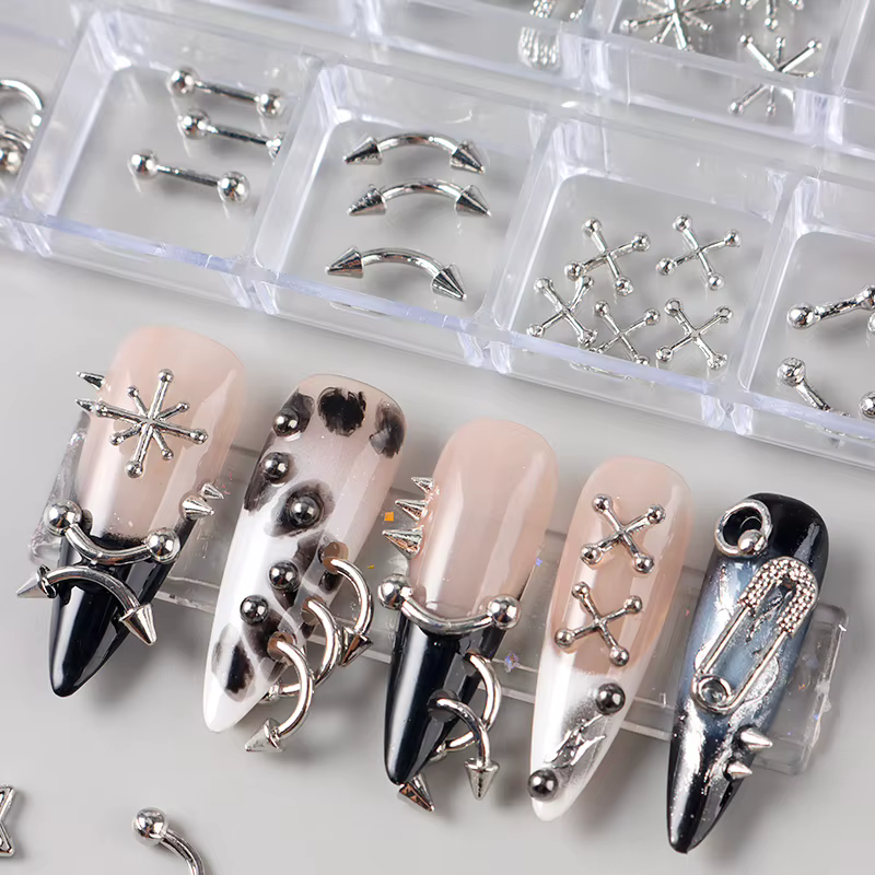 12 grilles Goth Punk ongles breloques goujons Y2K Piercing conceptions métallique argenté