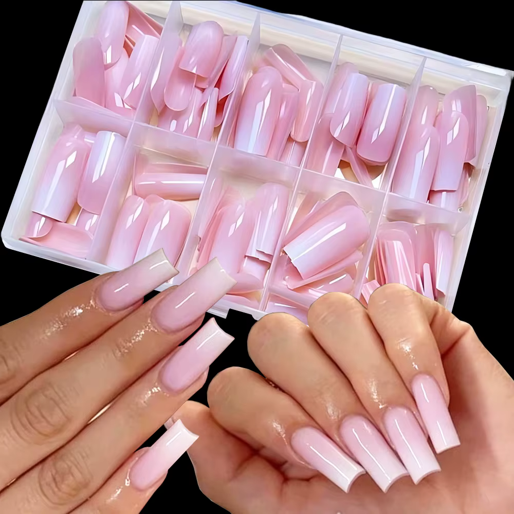 Faux ongles à pression ombrés rose à blanc pour femmes