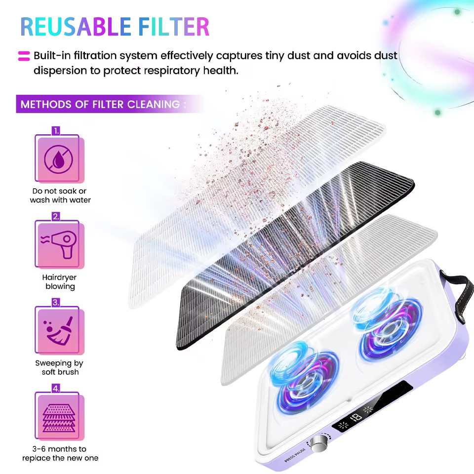 Aspirateur collecteur de poussière pour ongles, avec double ventilateurs Turbo sans balais, affichage LED, dépoussiérage Portable à haute efficacité