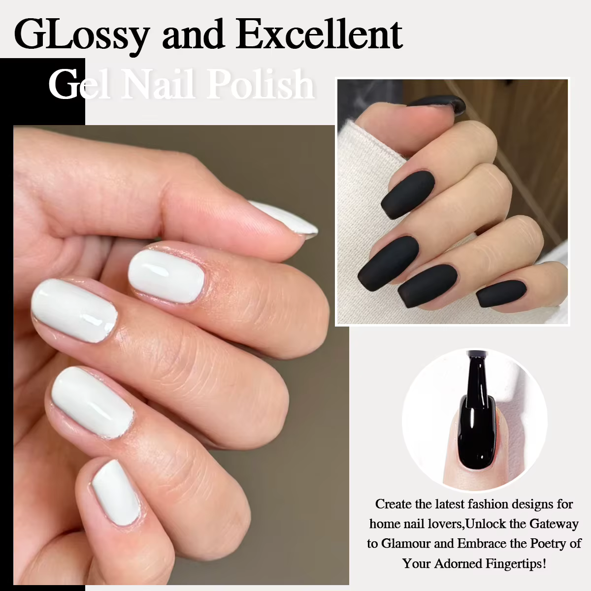 Visuatia 2/1 Vernis à ongles en gel noir et blanc - Revêtement UV brillant longue durée