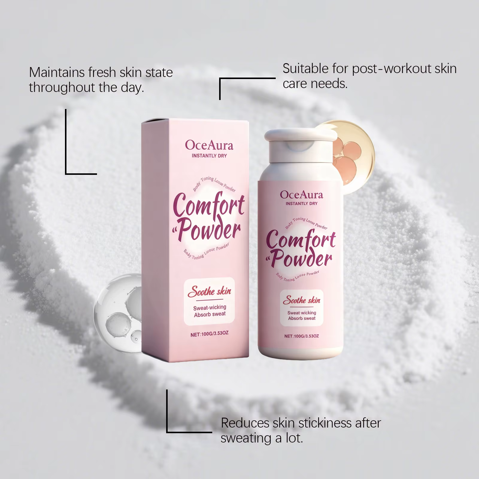 Poudre Confort Instantanée Séchage Rapide Poudre Corporelle Apaisante Anti-Transpiration Absorbe la Sueur Sans Talc Soin Rafraîchissant pour l'Été