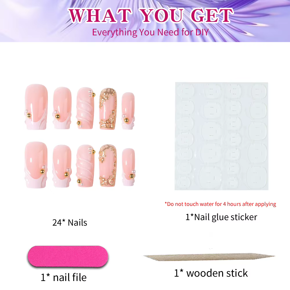 24 pièces par ensemble. Faux ongles rectangulaires 3D en gel