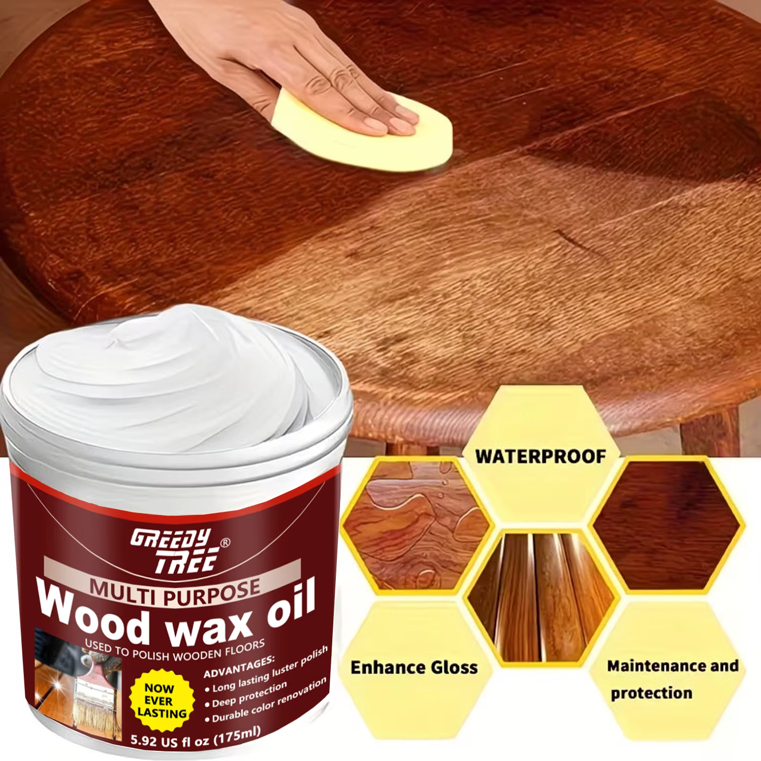 Huile de cire pour bois multi-usages, cire d'abeille naturelle pour le polissage du bois, sols et meubles en bois, lustre durable, protection profonde