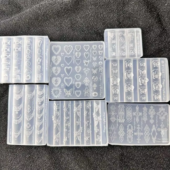 Moule à ongles en acrylique 3D transparent, motif Cœur Baroque, Collier Français, Papillon, Fleur, pour décoration d'ongles DIY et manucure