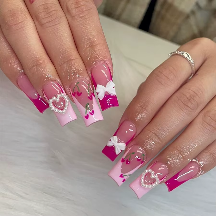 Faux ongles français imprimé léopard rose