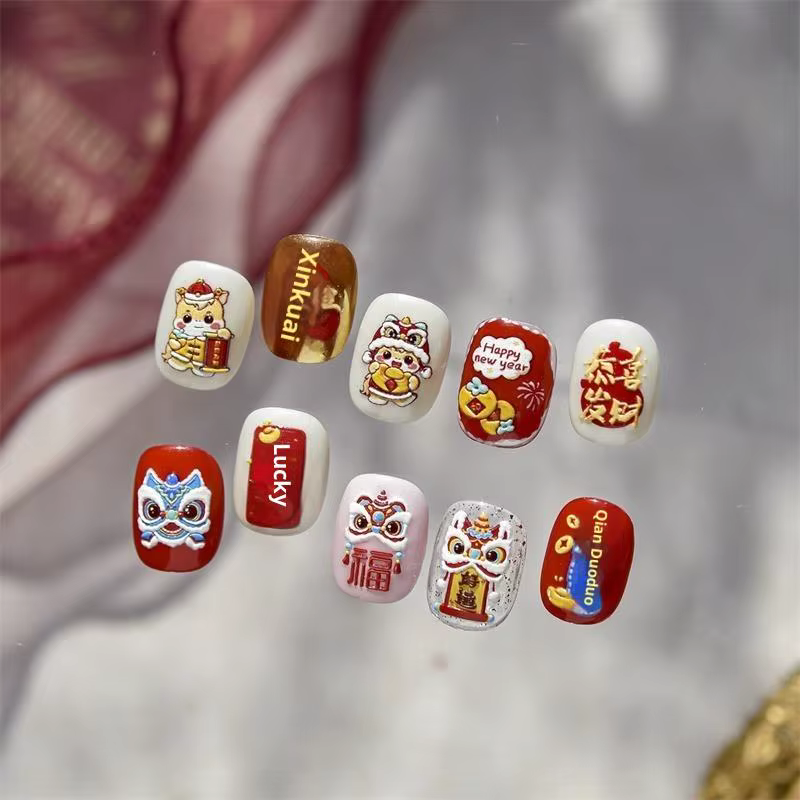 Mignon nouvel an chinois cheval année Lion danse arc Nail Art impression autocollants chanceux poney manucure décalcomanies festif en relief décor d'ongle