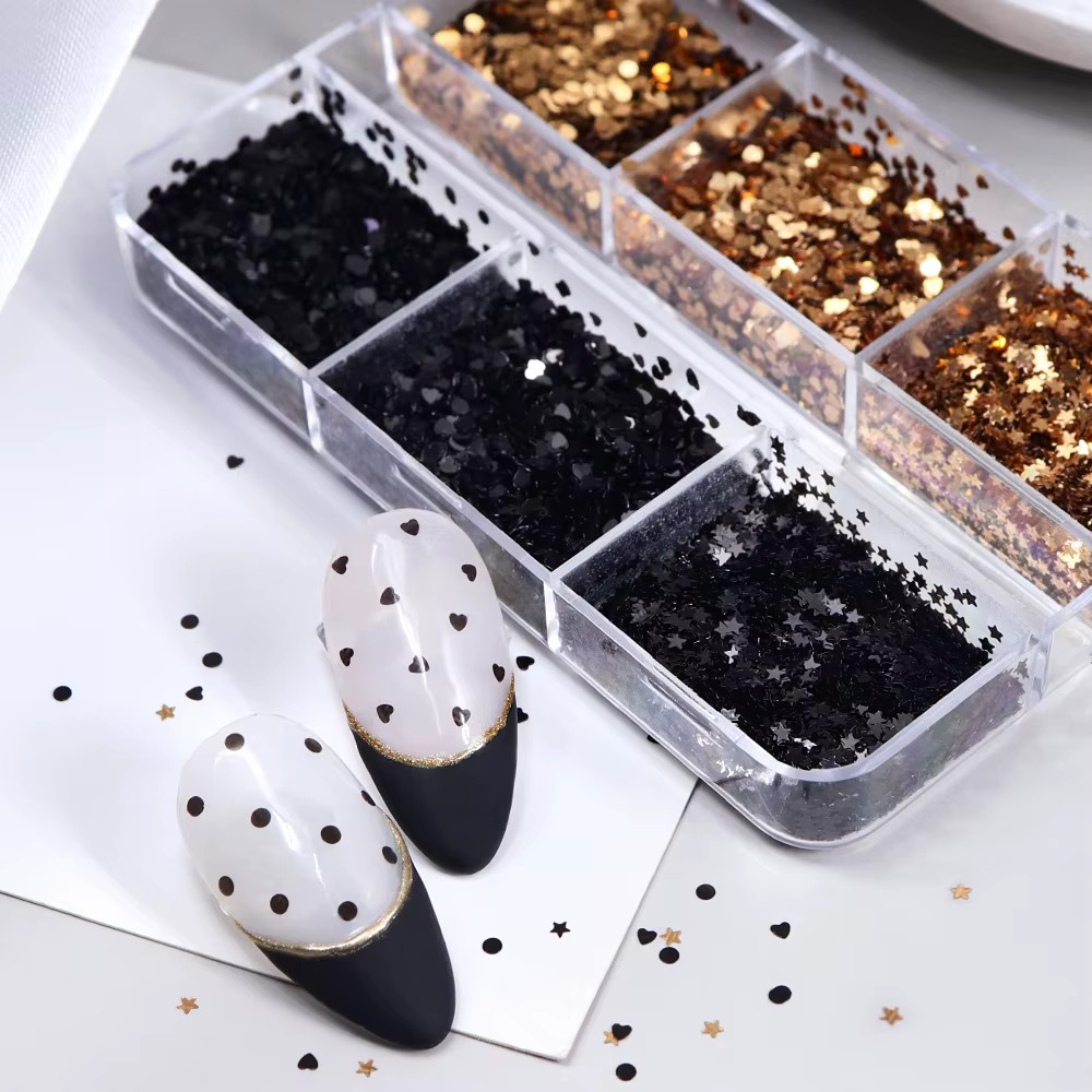 Noir or à pois Nail Art paillettes
