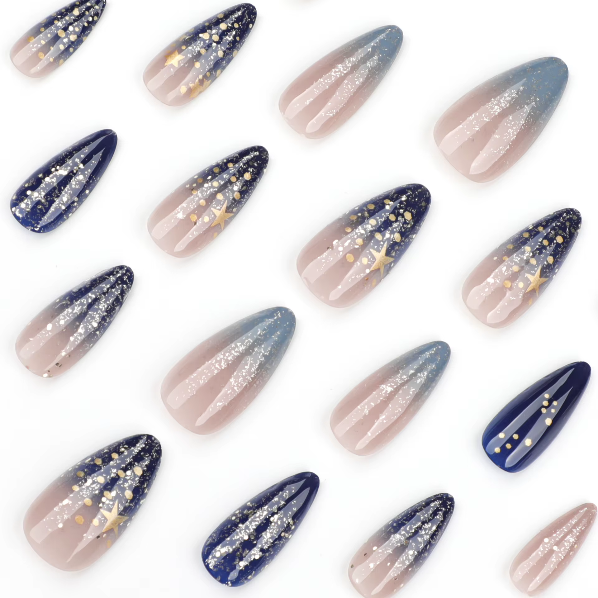 24 pièces brillant bleu foncé ciel étoilé presse sur ongles Flash or