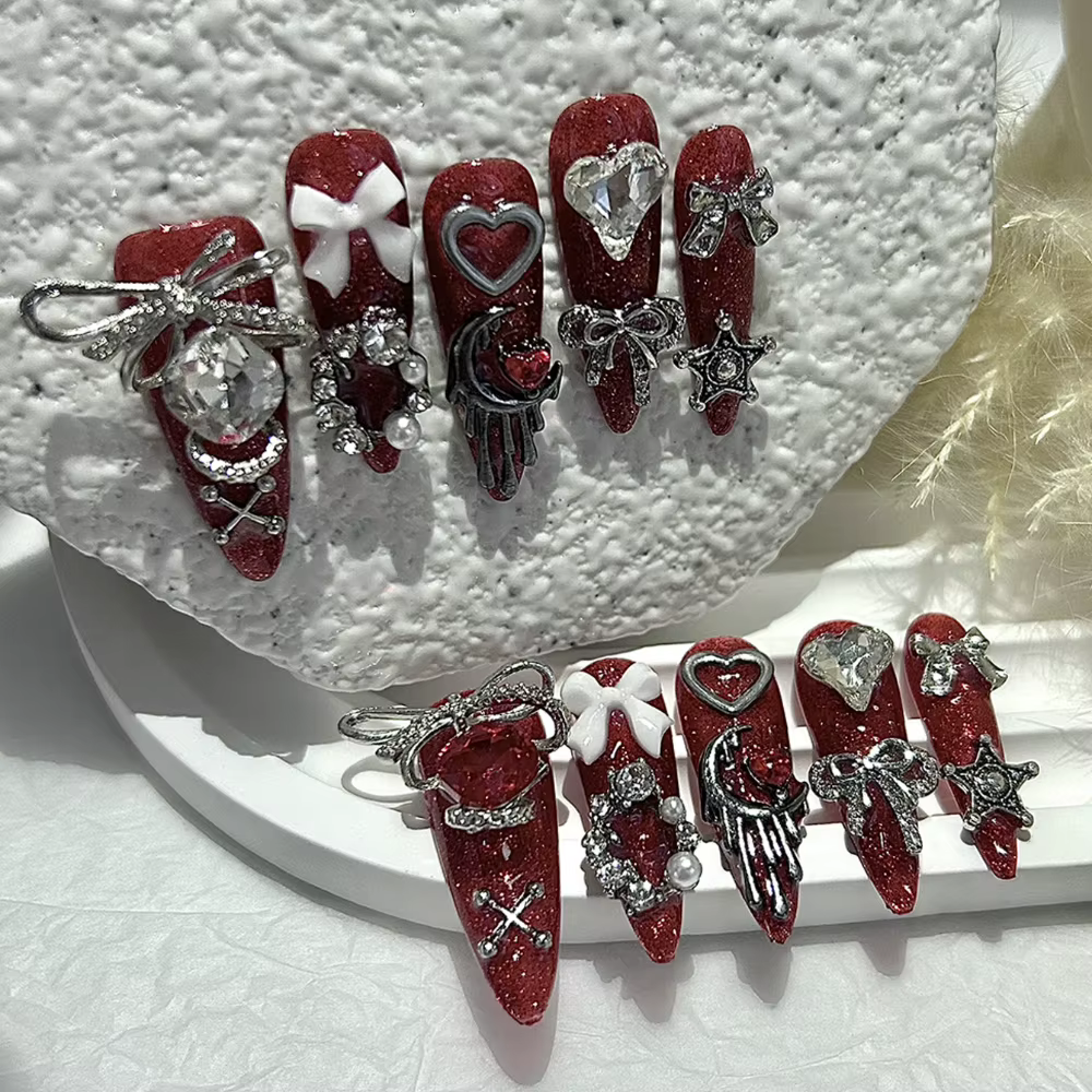 Halloween sang foncé rouge luxe à la main presse sur les ongles 3D arc étoile amour diamant paillettes longue pointe