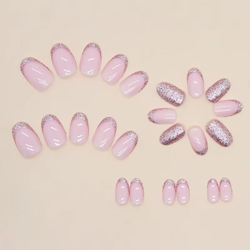 24 faux ongles élégants rose nude or rose pailleté