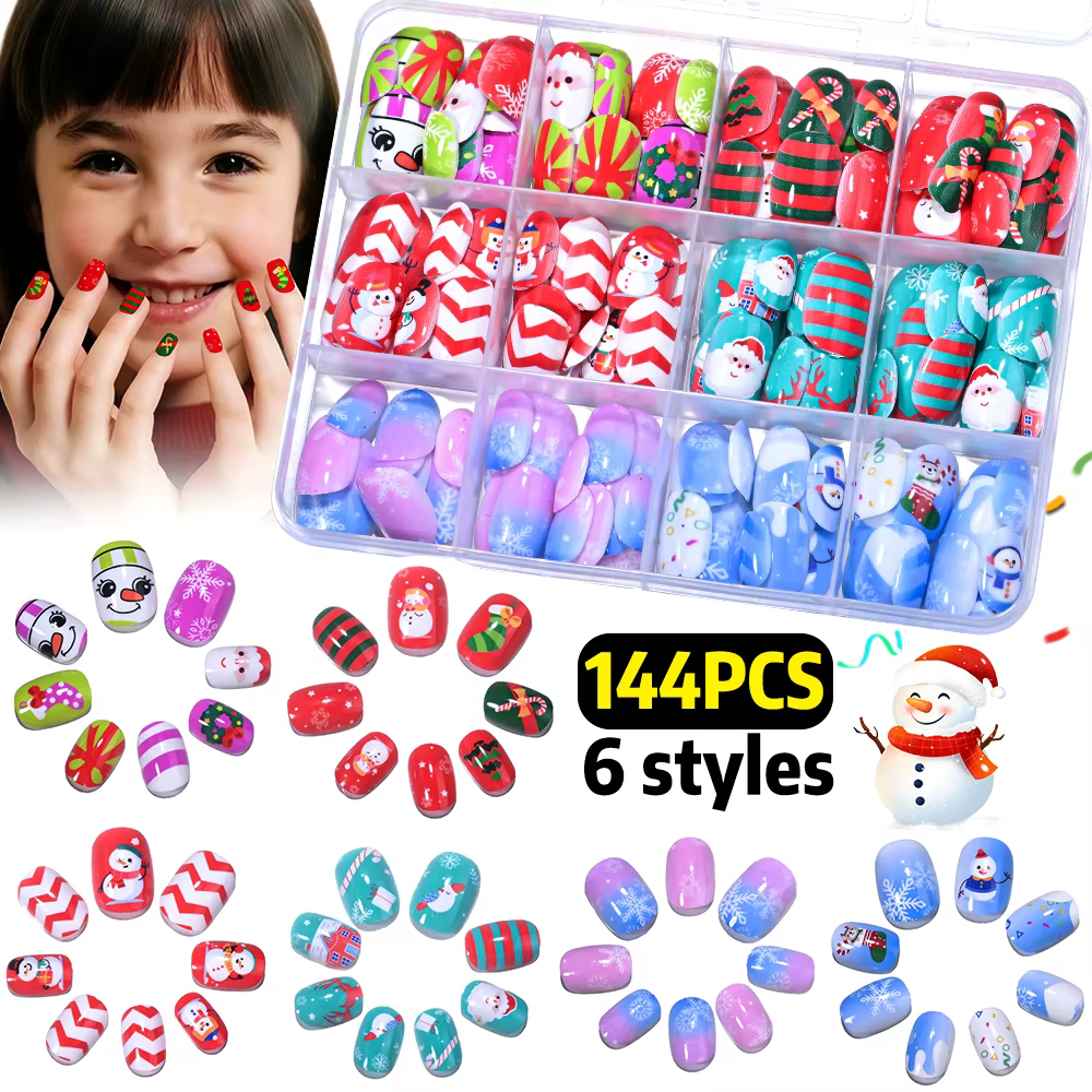 144 pièces/boîte noël enfants faux ongles beau bonhomme de neige flocons