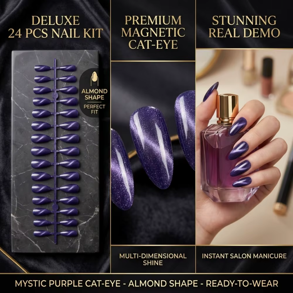24 faux ongles premium vert émeraude effet œil de chat