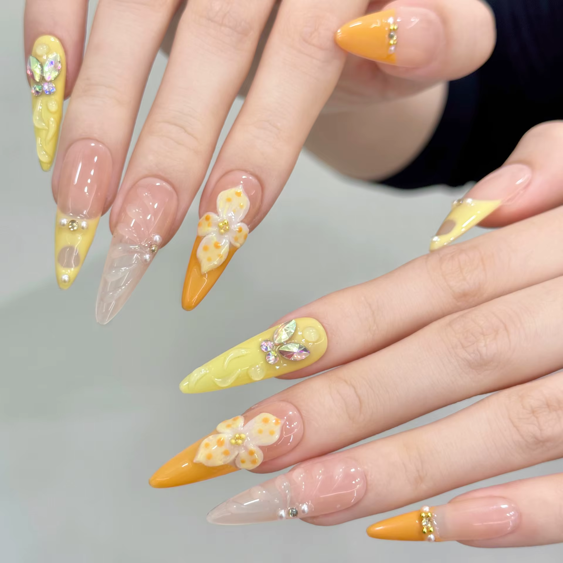 10 pièces vitalité Orange français presse à la main sur les ongles 3D sculpture oeuf fleur conceptions faux