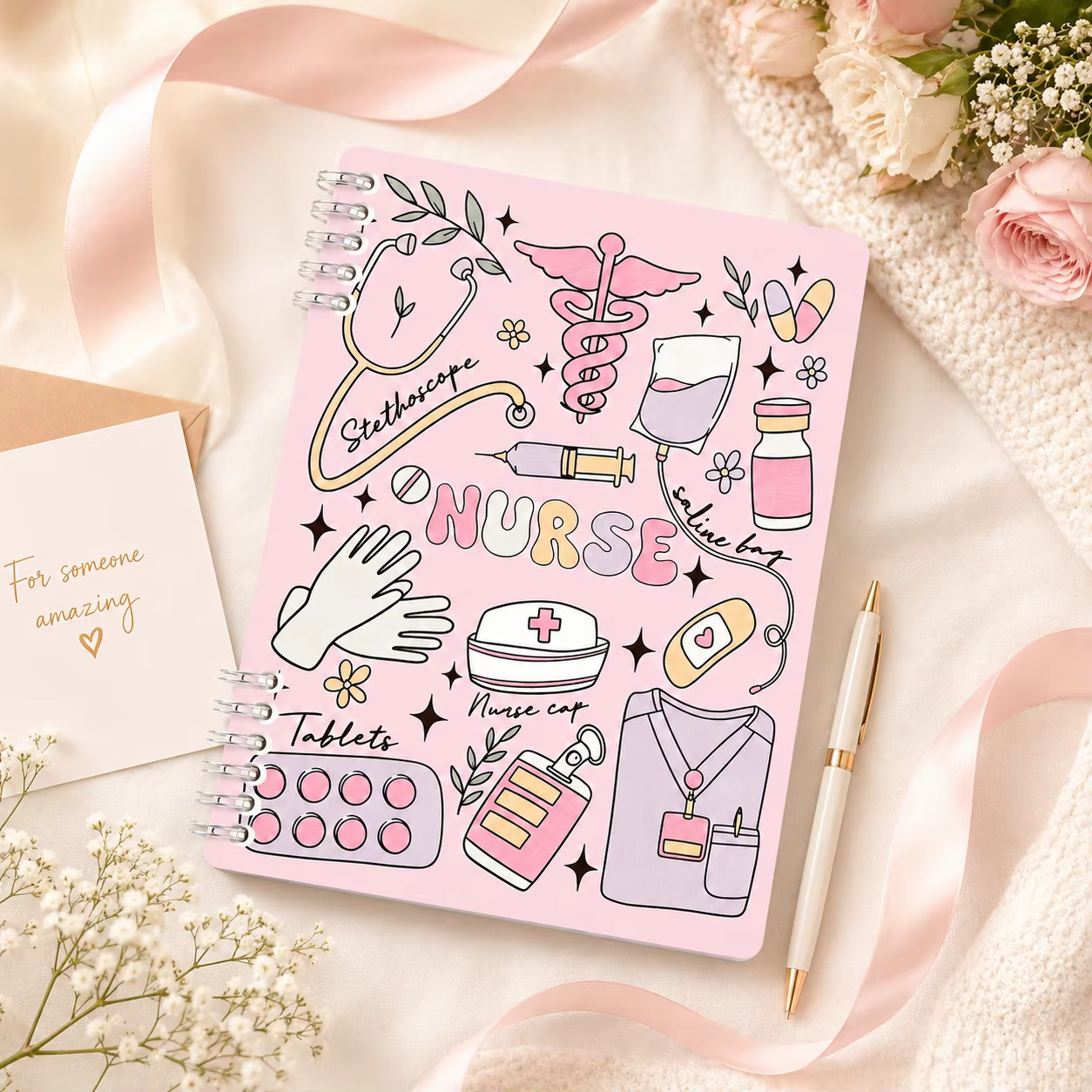 Carnet à spirale rose de 120 pages pour infirmières, journal médical mignon pour étudiants en soins infirmiers, notes de travail, cadeaux scolaires et d'appréciation