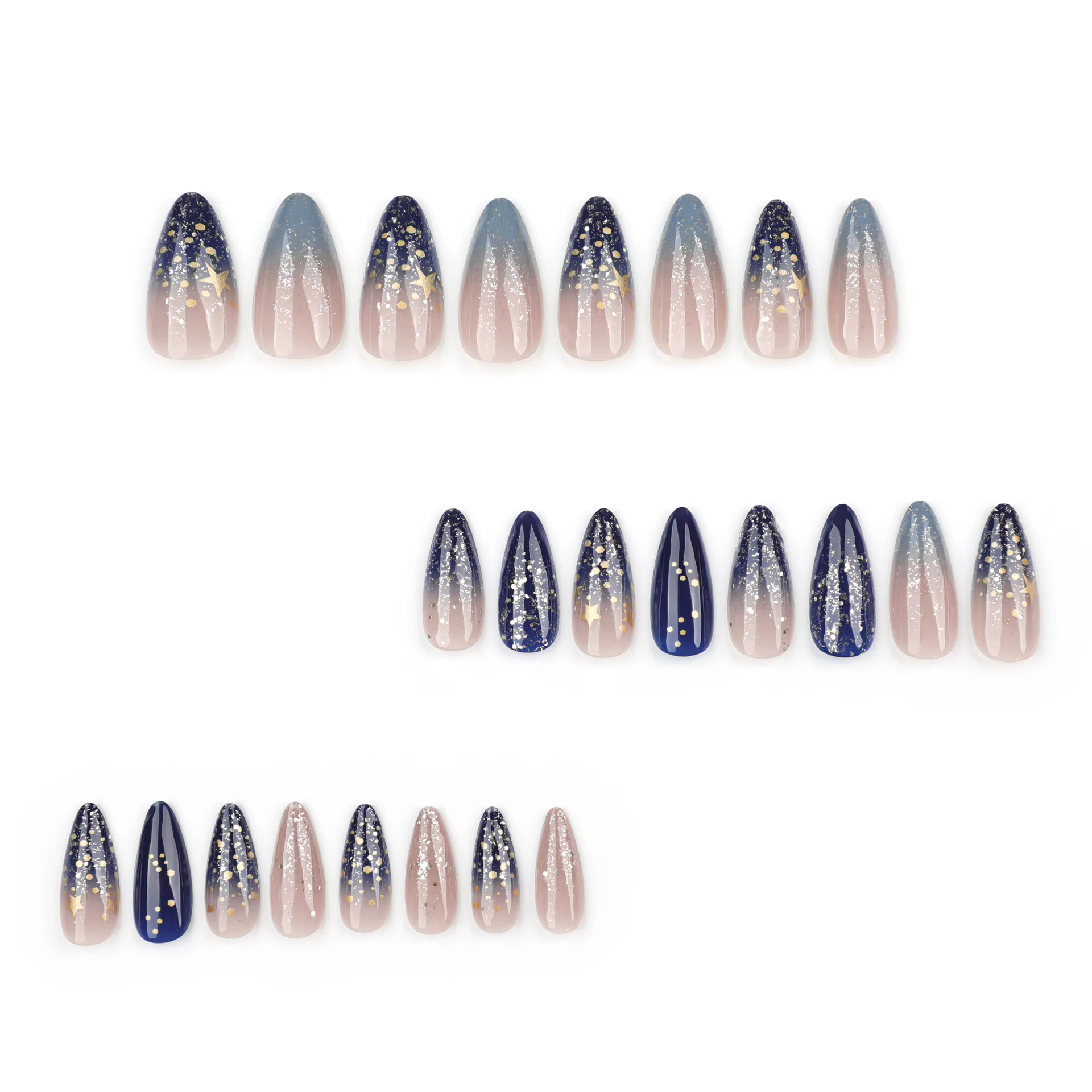 24 pièces brillant bleu foncé ciel étoilé presse sur ongles Flash or