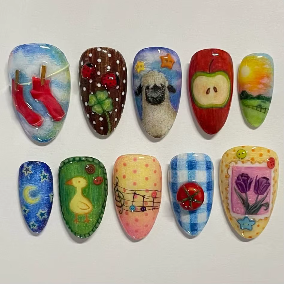 24 pièces frais vert amande faux ongles avec colle dessin animé modèles français mignon fleur presse