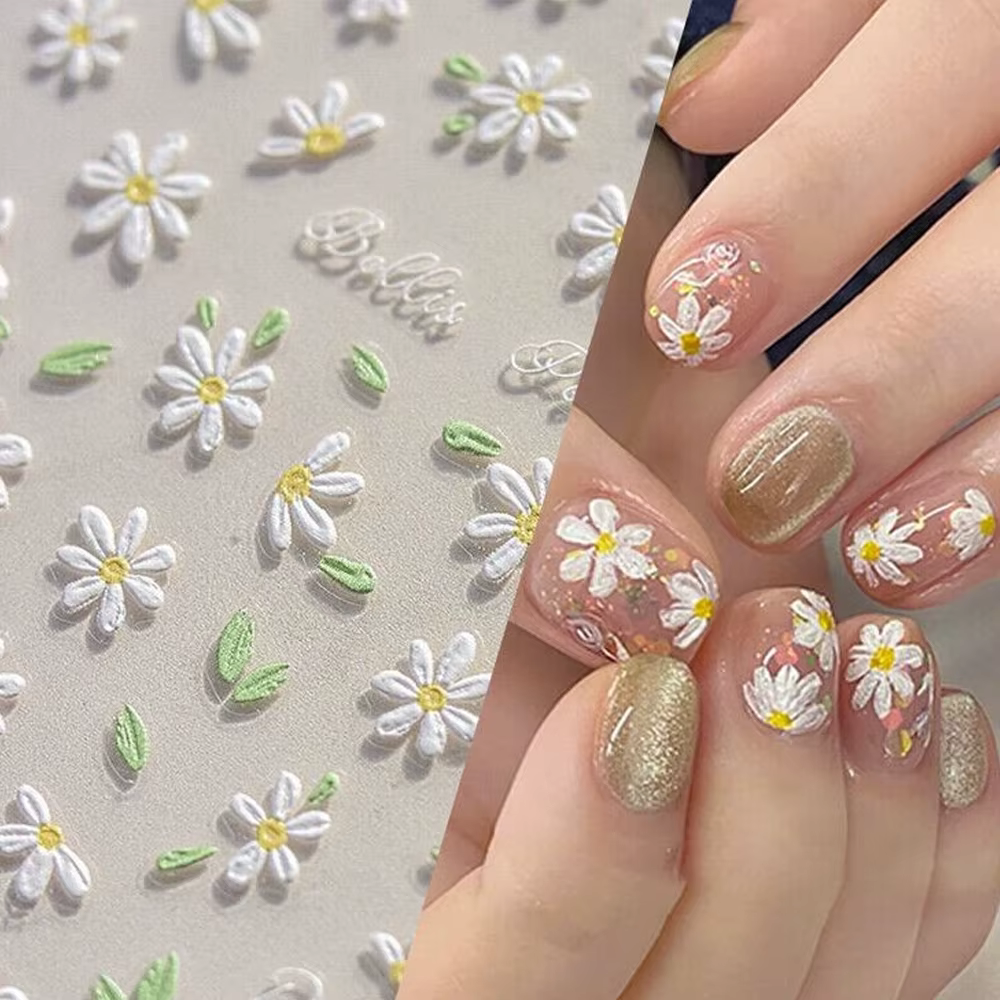 Autocollant 5D fleur de marguerite blanche pour Nail Art