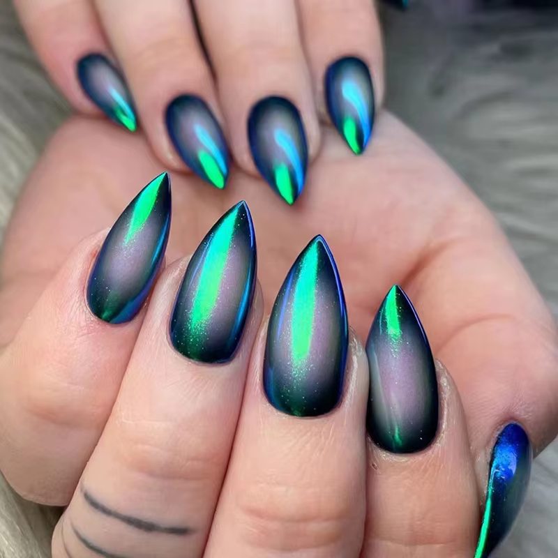 24 pièces faux ongles œil de chat bleu portable longs
