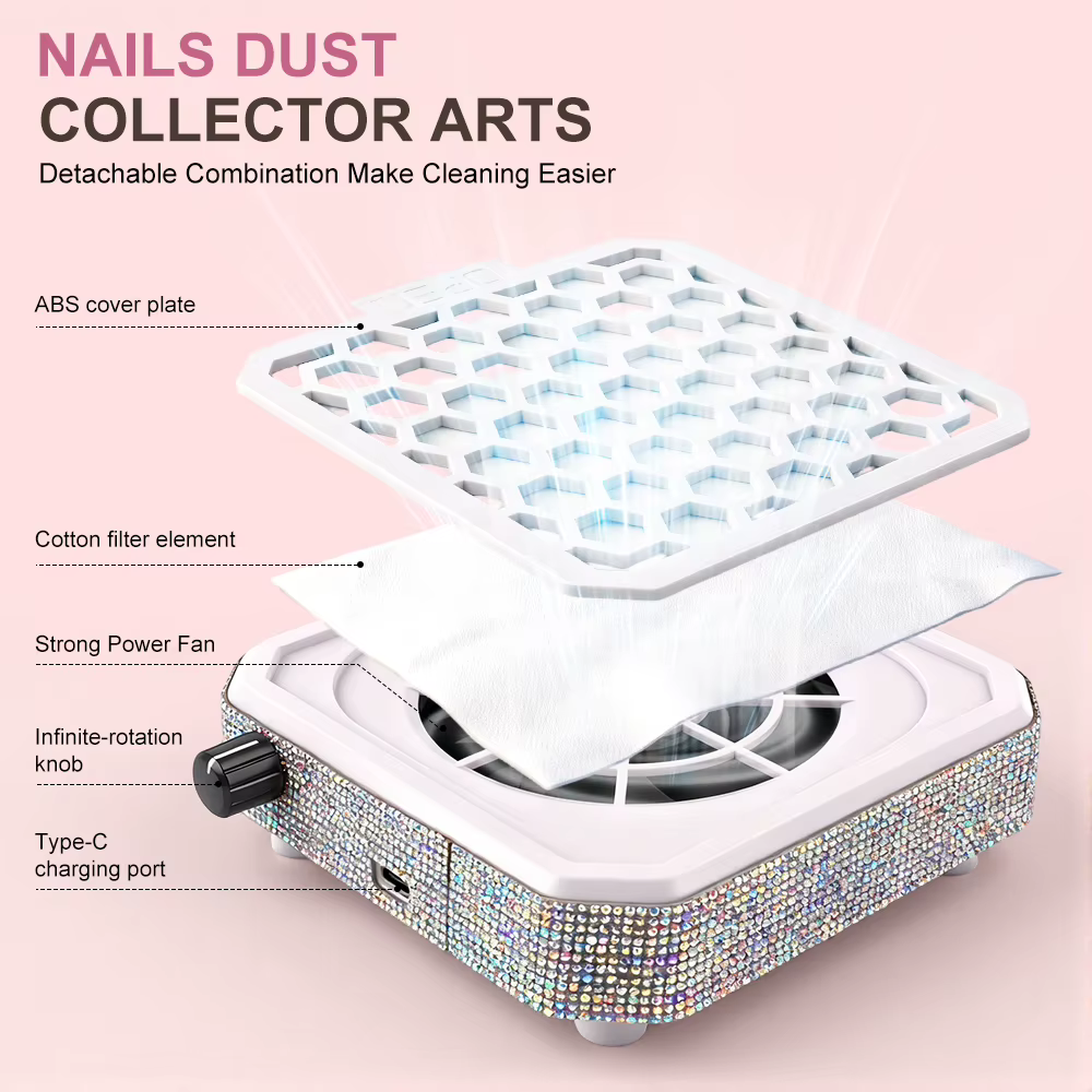 Collecteur de poussière d'ongles avec strass et tampon filtrant