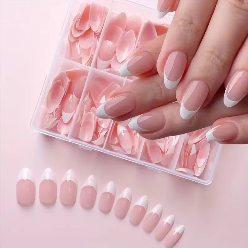 Boîte de 120 pièces en forme d'amande rose pièce d'ongle blanc presse française sur les ongles