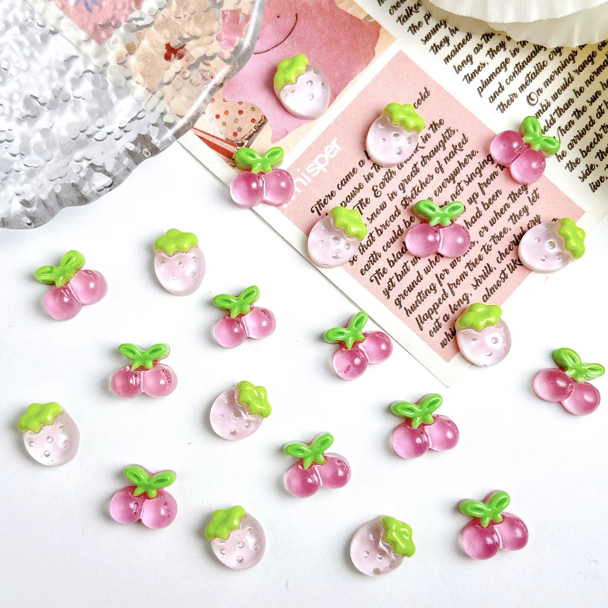 30 pièces simulé mignon gelée cerise résine Nail Art breloques 3D doux rose fraise décorations d'ongles pour bricolage