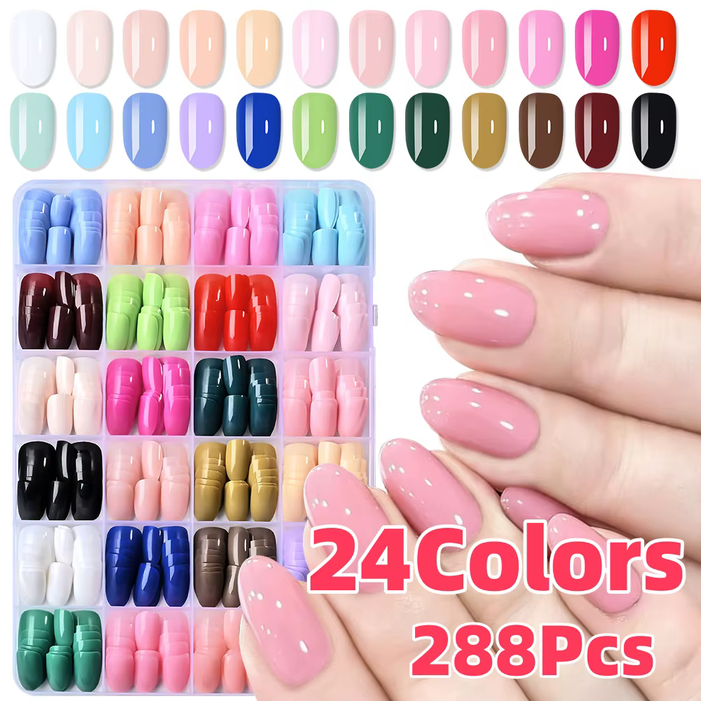24 couleurs (288 pièces) Faux ongles courts ovales colorés
