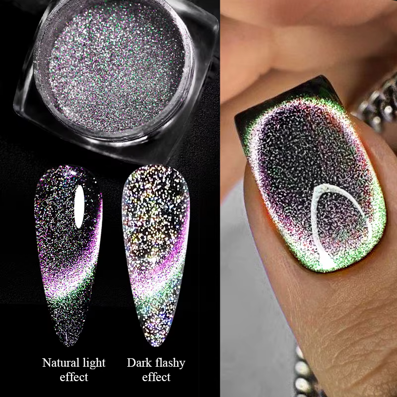 Poudre à ongles magnétique réfléchissante noir bleu caméléon paillettes poussière métallique Chrome brillant Pigment Nail Art manucure décoration bricolage