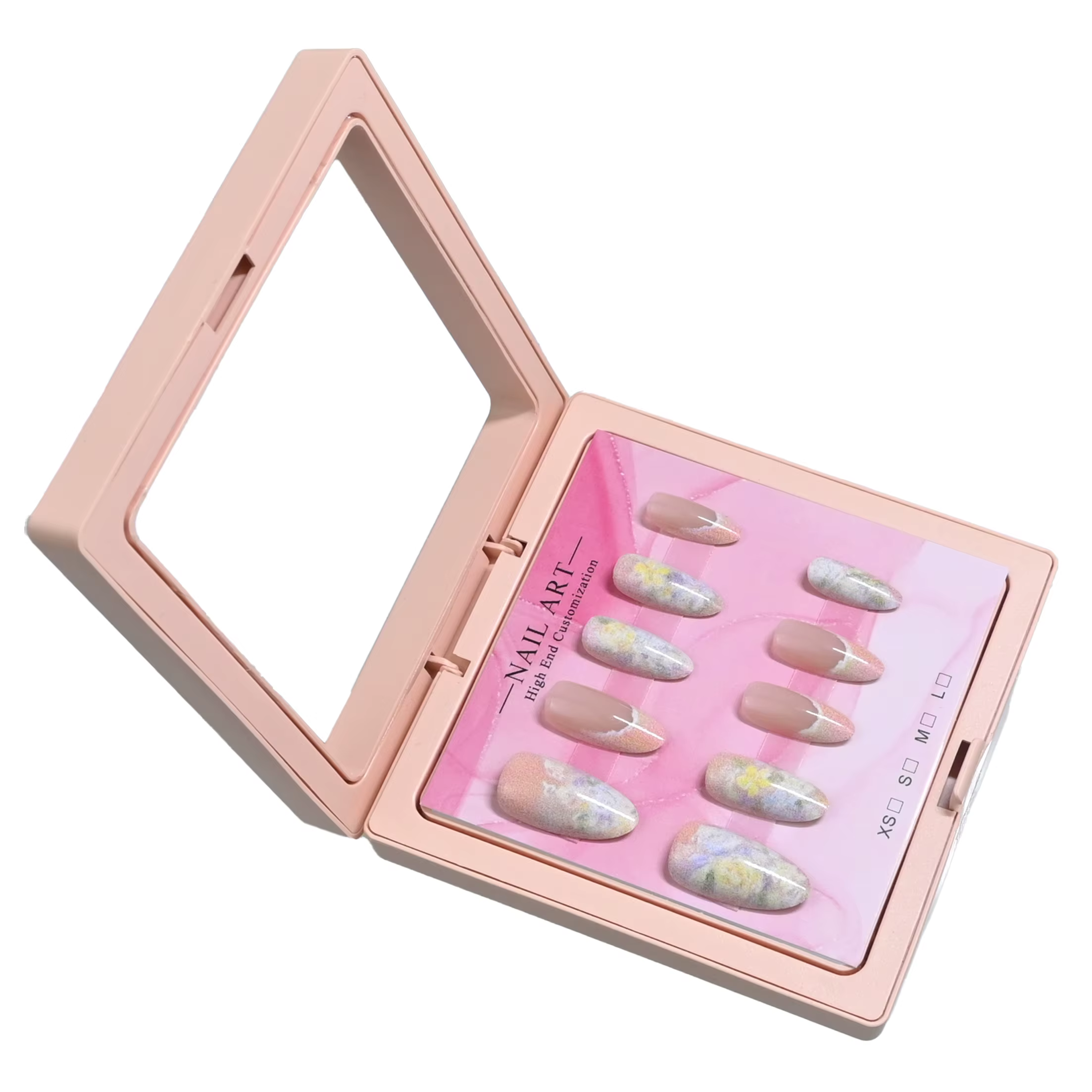 10 ongles d'amande faits à la main dans un coffret cadeau rose. Base nude avec pointes françaises et imprimé floral