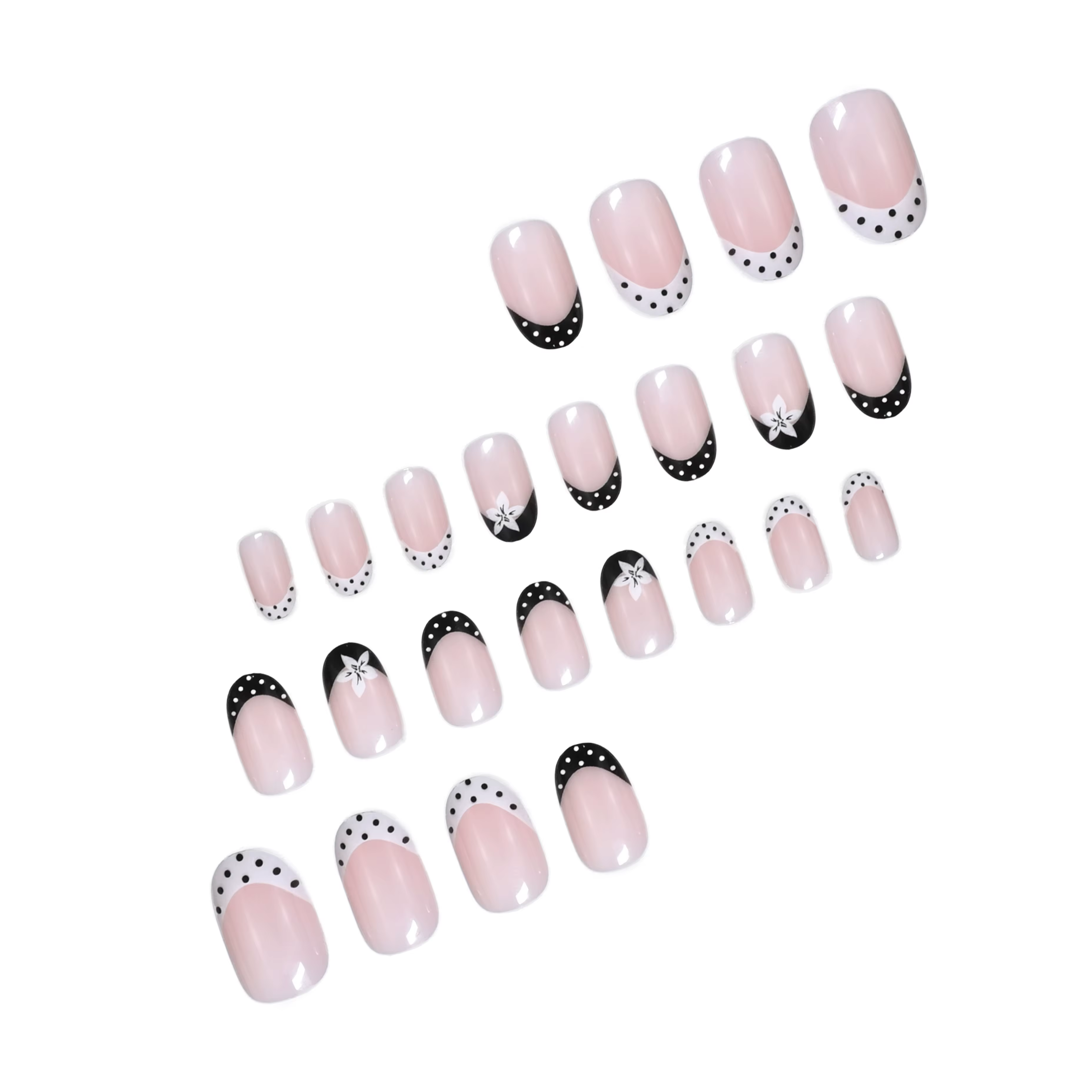 24 ongles carrés courts faits à la main. Base nude transparente avec des pois noirs et blancs à la française