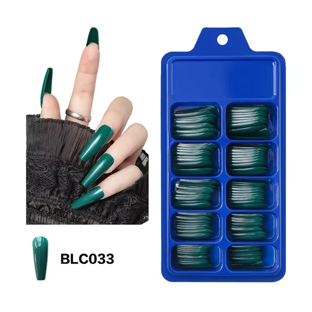 100 pièces faux ongles portable couverture complète couleur unie pointu longue ballerine bleu rose