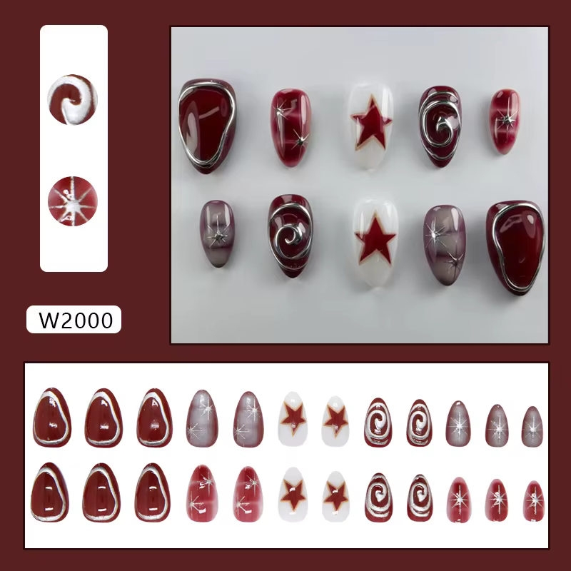 24 pièces rouge étoile imprimer faux ongles doux Cool court amande presse