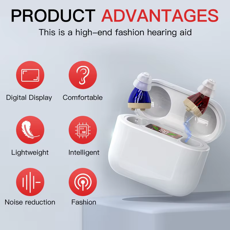 Rechargeable Prothèse auditive pour personnes âgées ITE pour sourds Affichage numérique L'appareil d'écoute Amplificateur de son sans fil Prothèses auditives invisibles