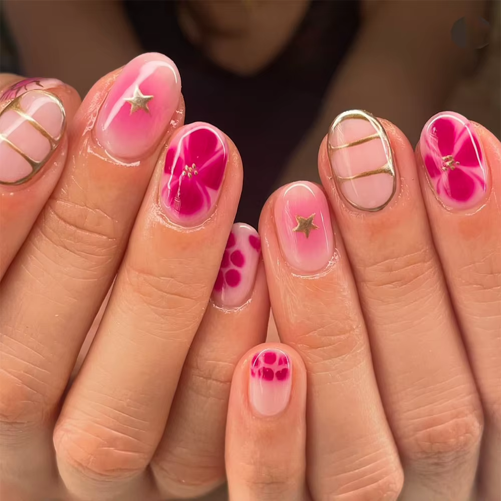 24 pièces pointes d'ongles décoration florale ronde courte pour ongles avec outils presse esthétique