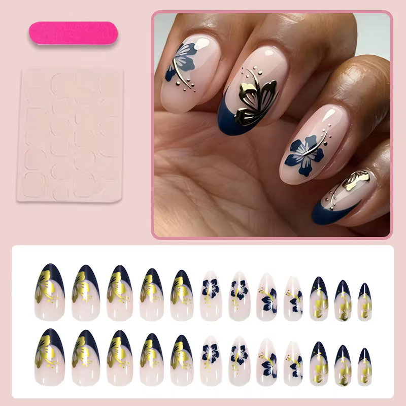 24 faux ongles bleu marine style français