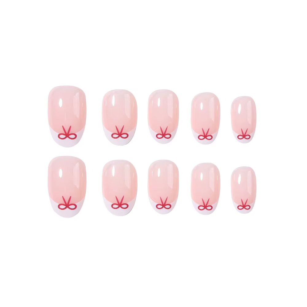 24 morceaux de pointes d'ongles courtes en forme d'amande avec des motifs de nœud rouge